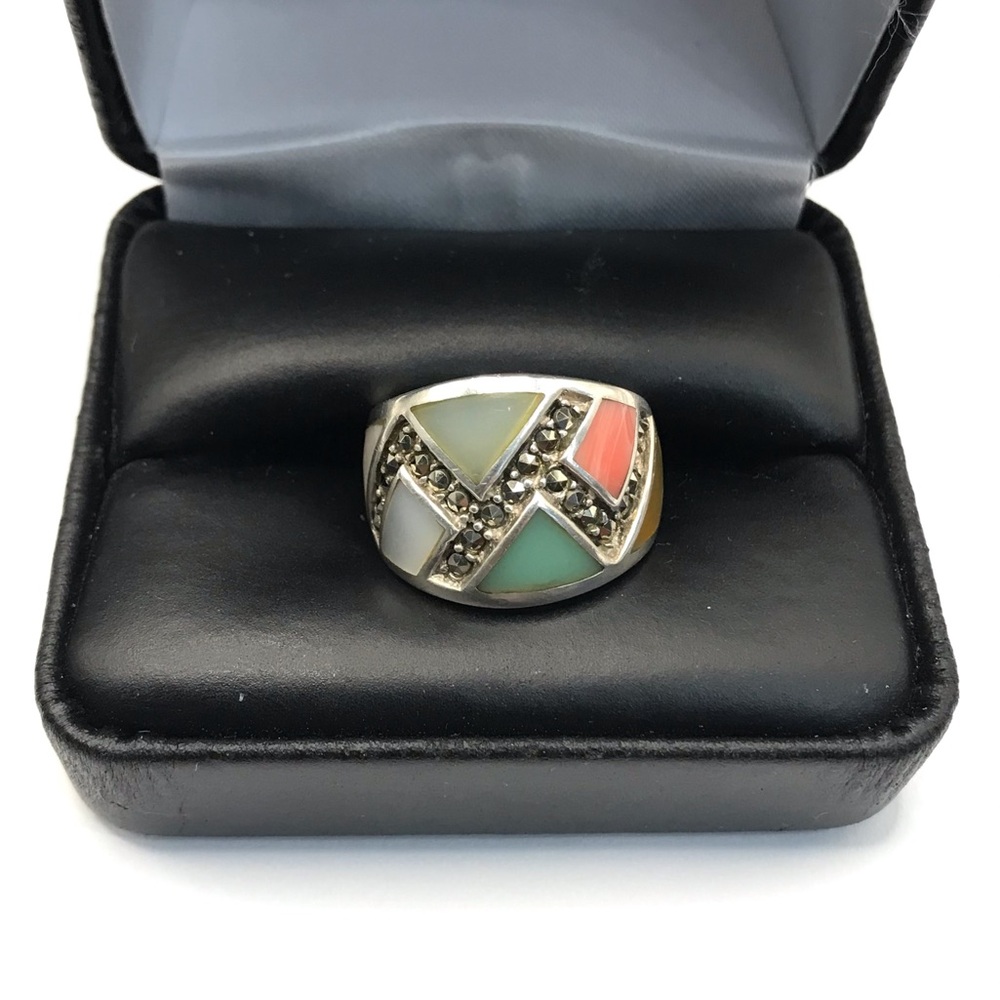 Multi-Color Inlay Cocktail Ring - Women Jewelry 925 sterling silver size 6.5